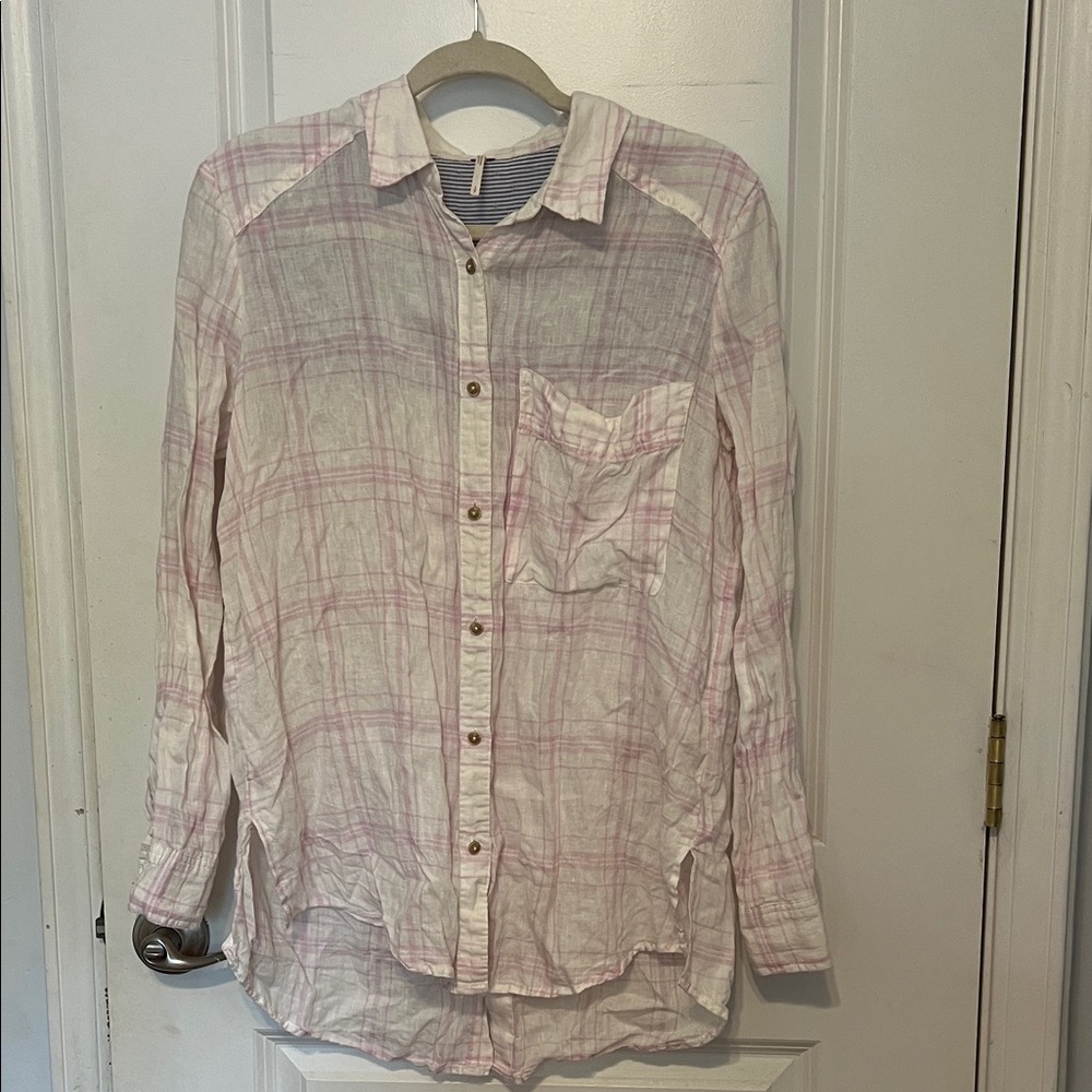 Free People Light Pink Plaid Button Down Shirt